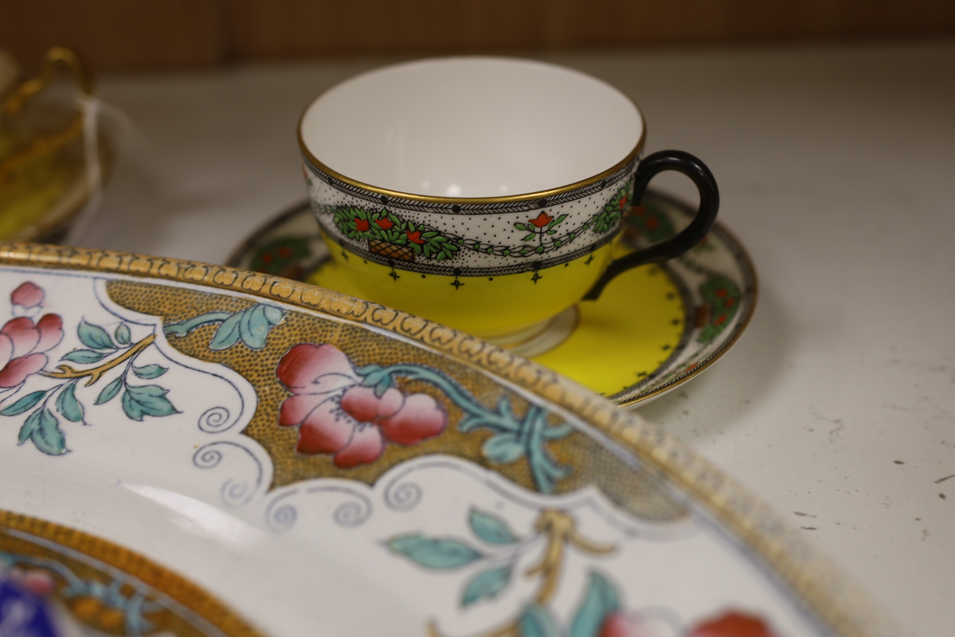 A Victorian stone china oval meat platter, a Derby cup and saucer, two others and two Spode ‘Italian’ plates, platter 50cm wide